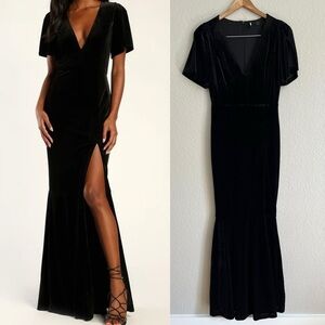 NWOT Elegant Evenings Black Velvet Flutter Sleeve Trumpet Maxi Dress